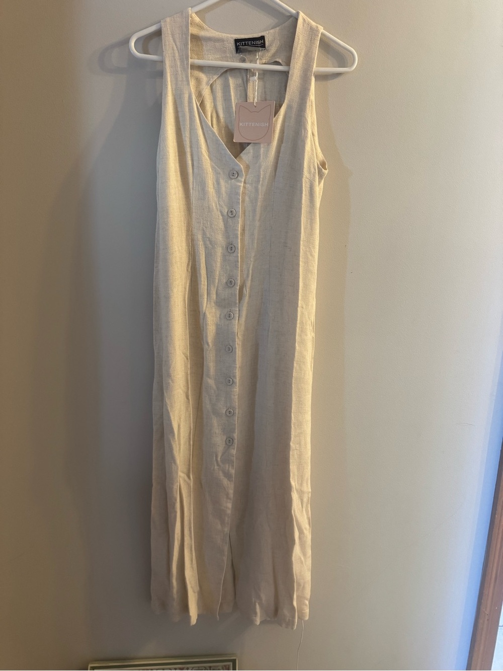 Kittenish Cream Sleeveless Button-Down Linen midi dress